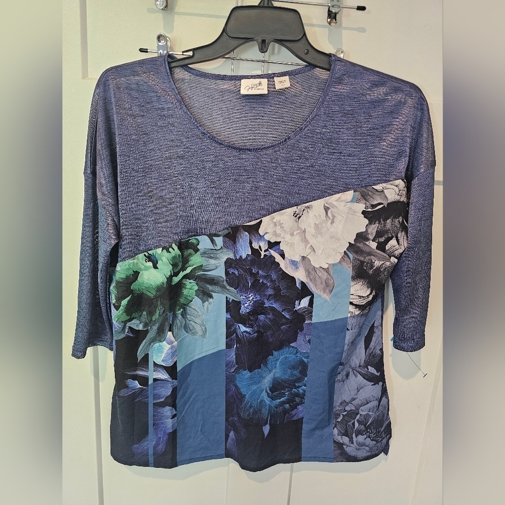 Jaclyn Smith Floral Block Print Blue Top Size L